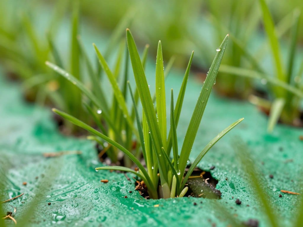 Close-up view of healthy young grass sprouting through green hydroseeding mulch after seven days of growth