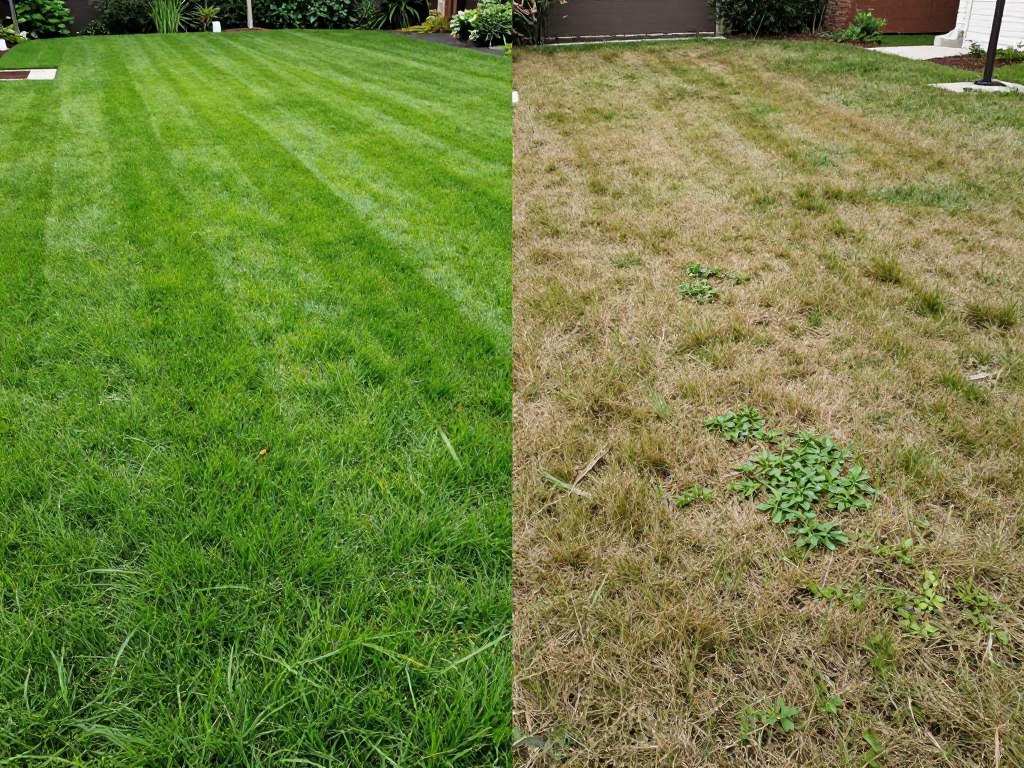 Comparison showing healthy professionally maintained lawn versus neglected lawn care