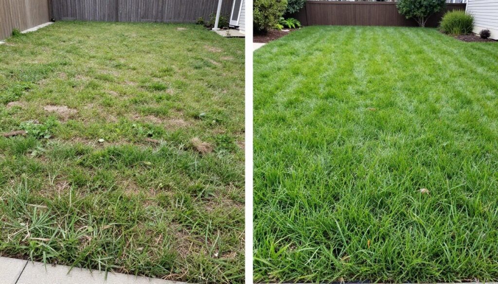 Dramatic lawn transformation from poor condition to healthy beautiful grass