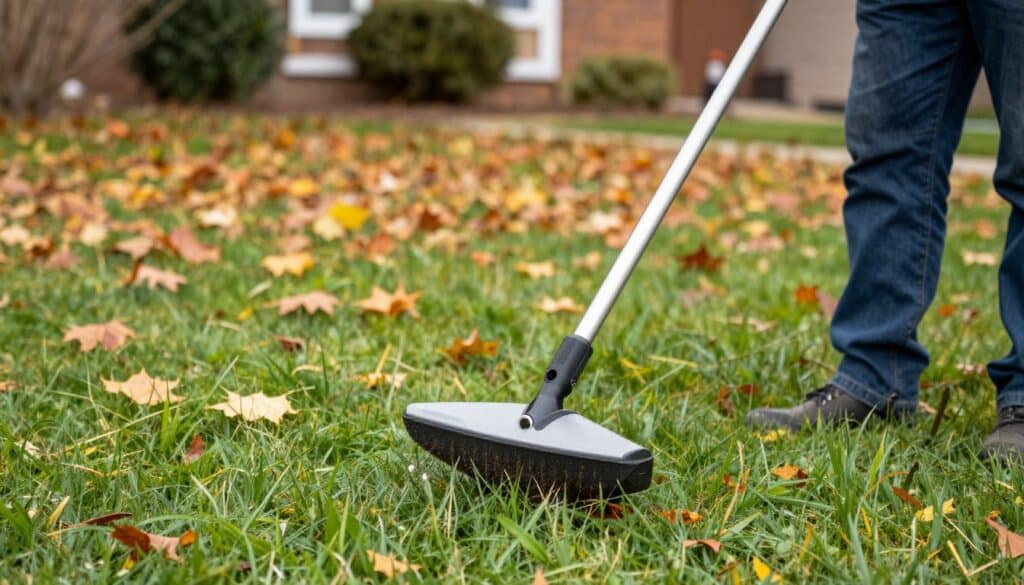 Fall lawn aeration and overseeding service in progress