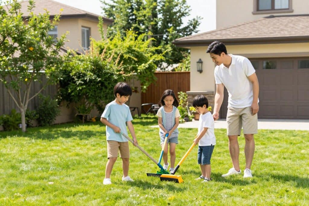 Family enjoying outdoor activities on healthy well-maintained lawn