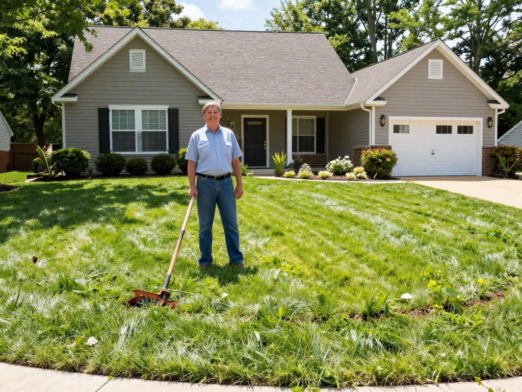 Happy Ludlow homeowner standing on lush green hydroseeded lawn after successful establishment