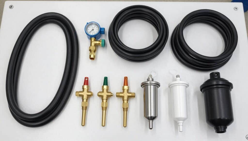 High-quality overhead view of various drip irrigation components including black poly tubing, various emitters, a pressure regulator, and a screen filter laid out on a clean workbench. High-quality overhead view of various drip irrigation components including black poly tubing, various emitters, a pressure regulator, and a screen filter laid out on a clean workbench.