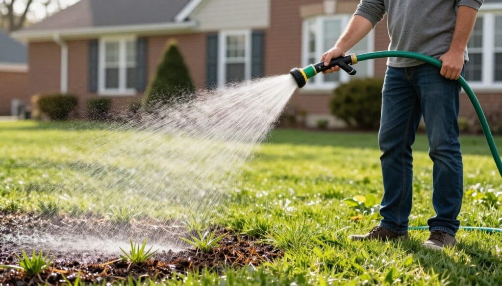 Homeowner watering newly hydroseeded Ludlow lawn with proper technique for optimal growth