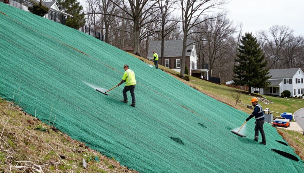 Hydroseeding application on steep residential slope in Ludlow showing erosion control capabilities
