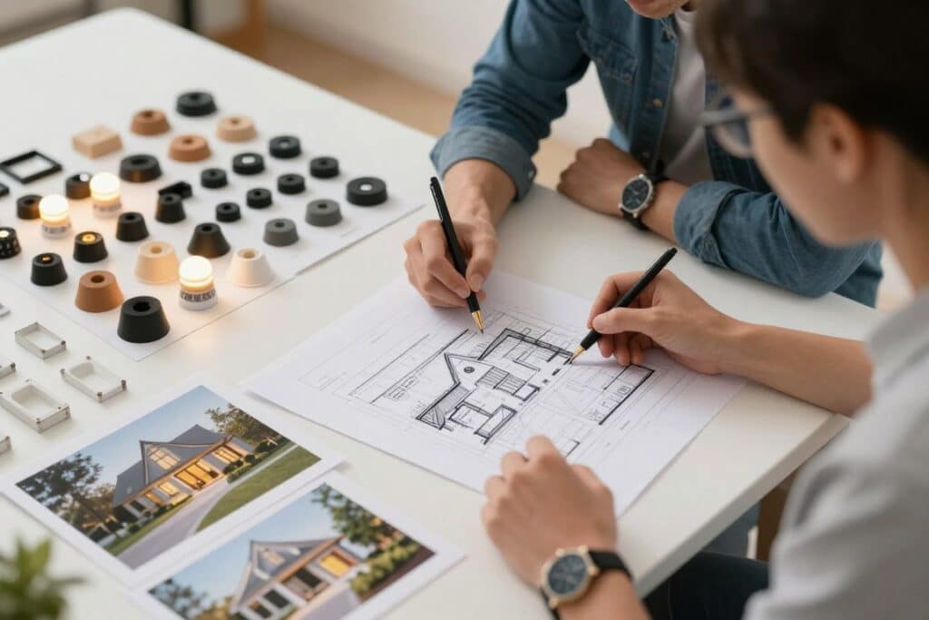 Landscape lighting design consultation showing planning materials and lighting fixtures for Ludlow properties