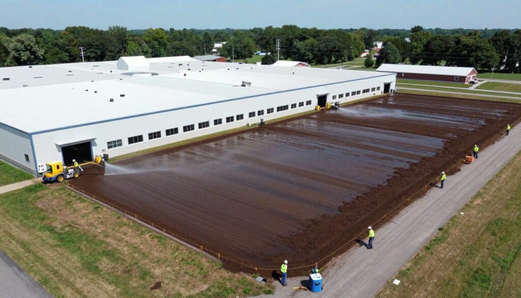Large commercial hydroseeding project in Ludlow showing efficient coverage of extensive property area