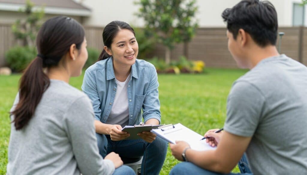 Lawn care consultation showing property assessment and customer discussion