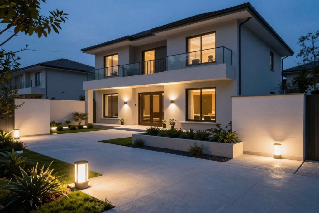 Modern landscape lighting design featuring contemporary fixtures and LED technology in Ludlow residential setting