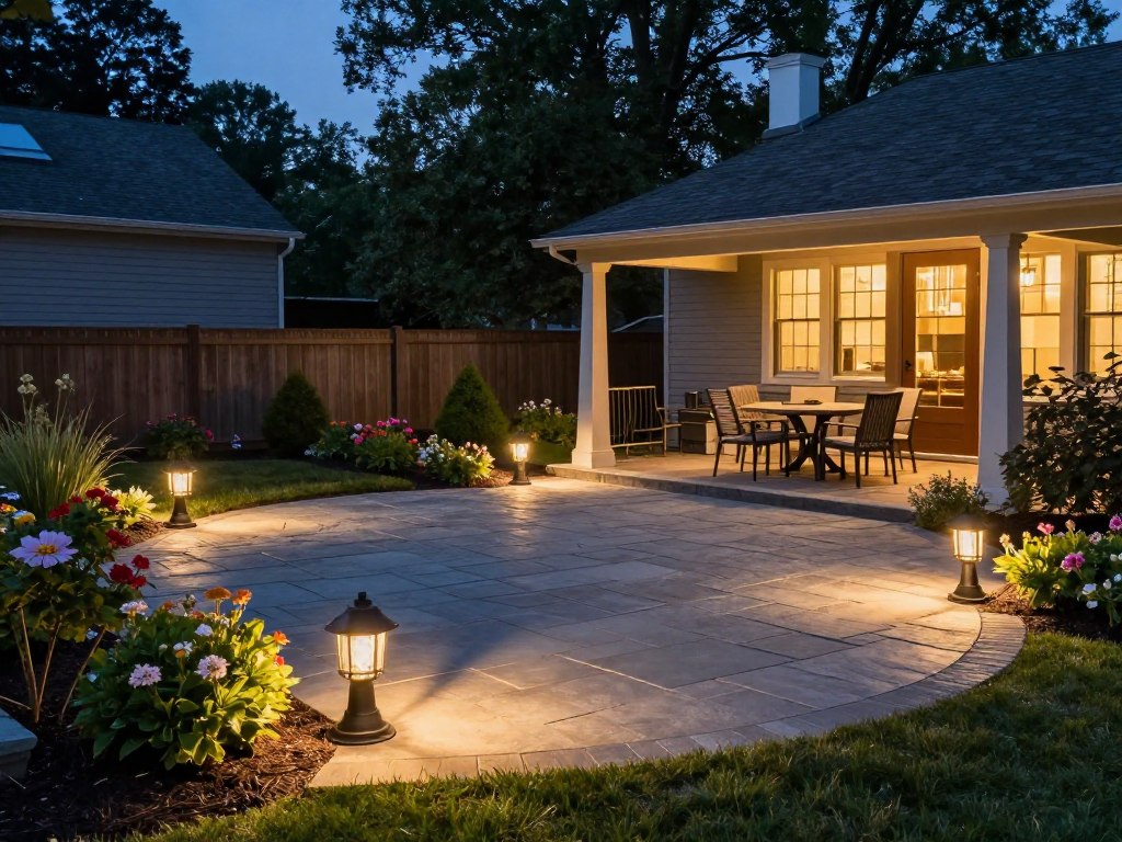 Outdoor landscape lighting highlighting garden features and patio areas in a Ludlow residential property