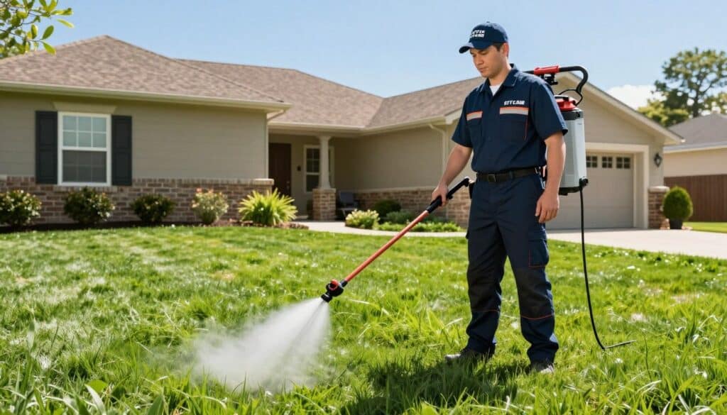 Professional applying lawn care treatment to residential property in Ludlow