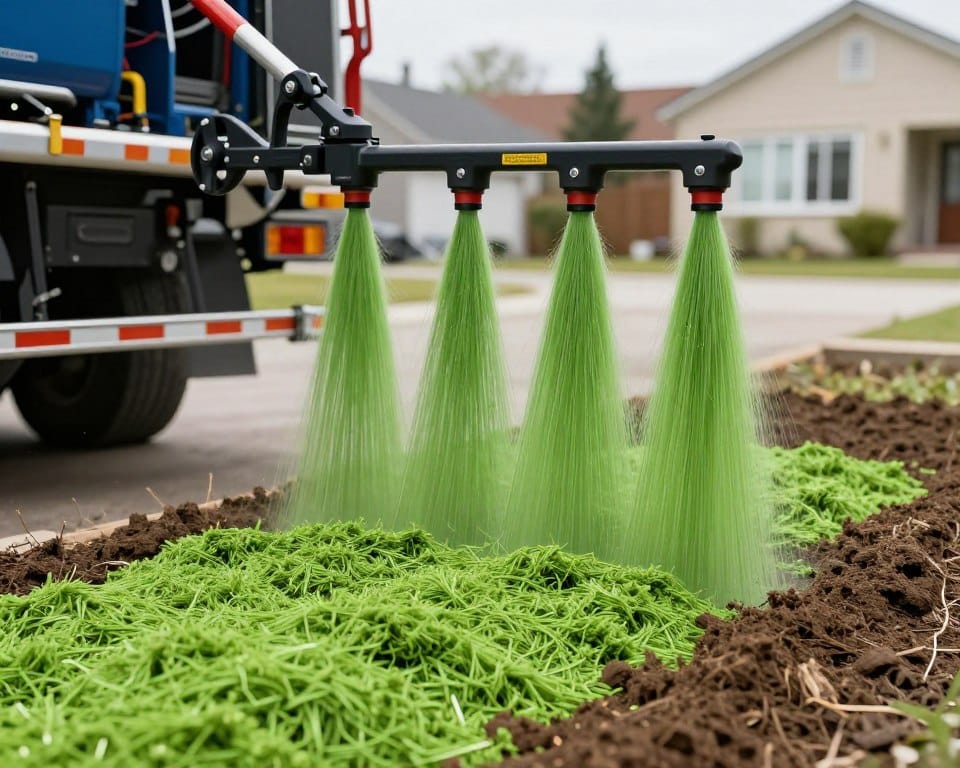 Professional hydroseeding equipment applying green mulch mixture to prepared Ludlow residential lawn
