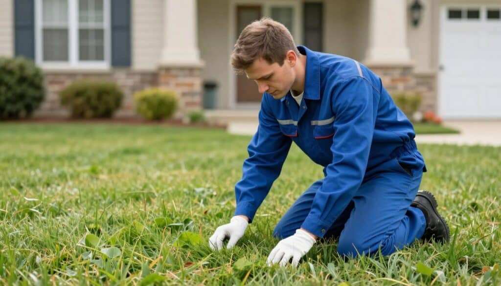 Professional lawn care expert examining grass for disease symptoms