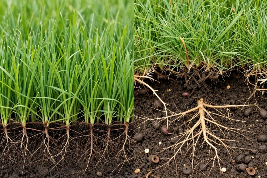 Protected healthy lawn versus insect-damaged grass comparison