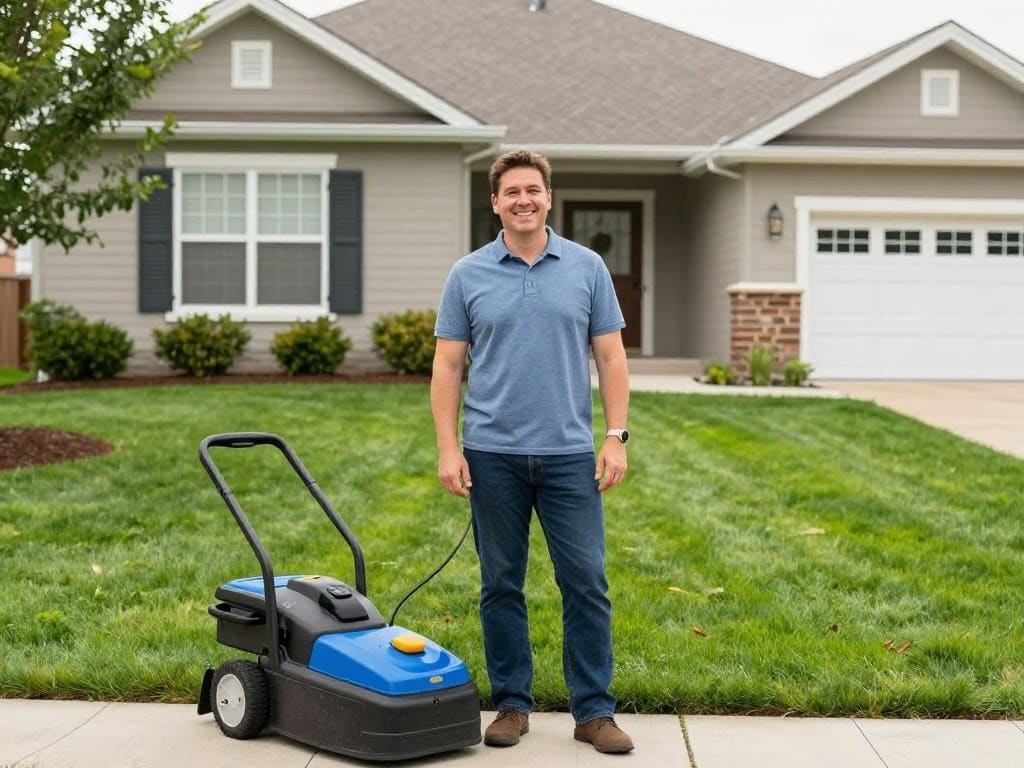 Satisfied Ludlow homeowner with beautiful professionally maintained lawn