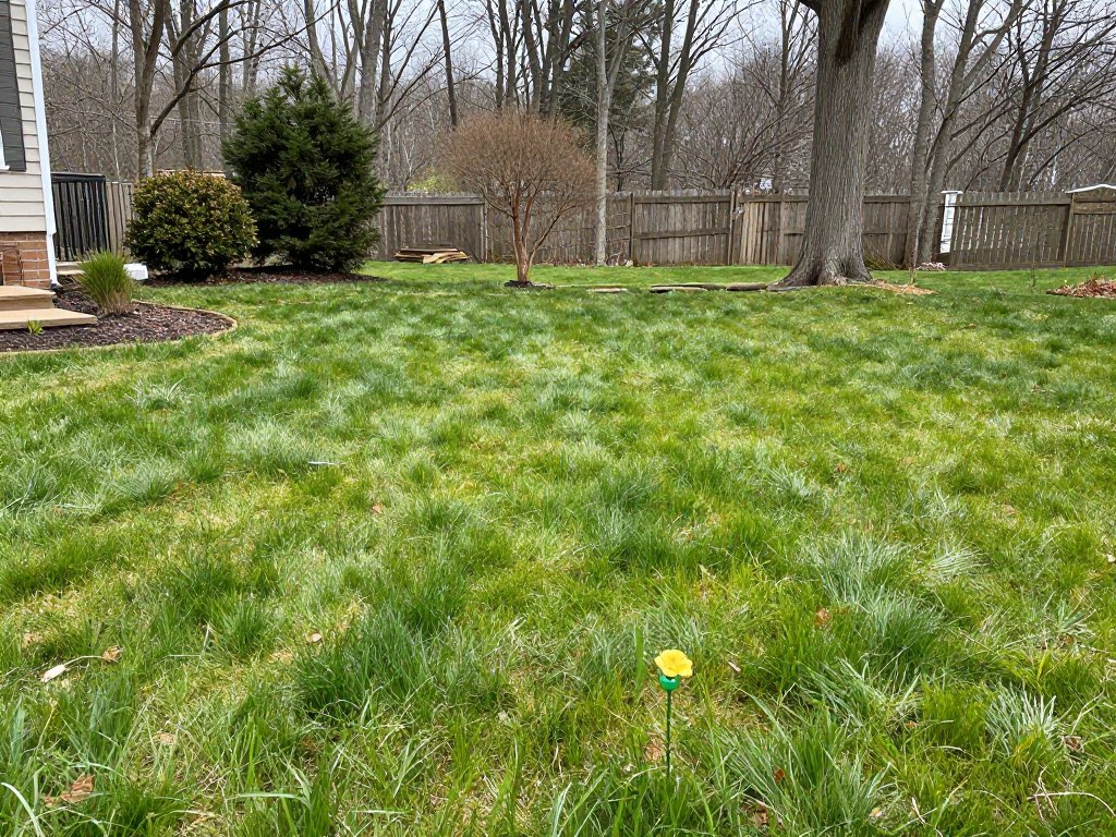 Spring lawn awakening with early green growth in Ludlow yard