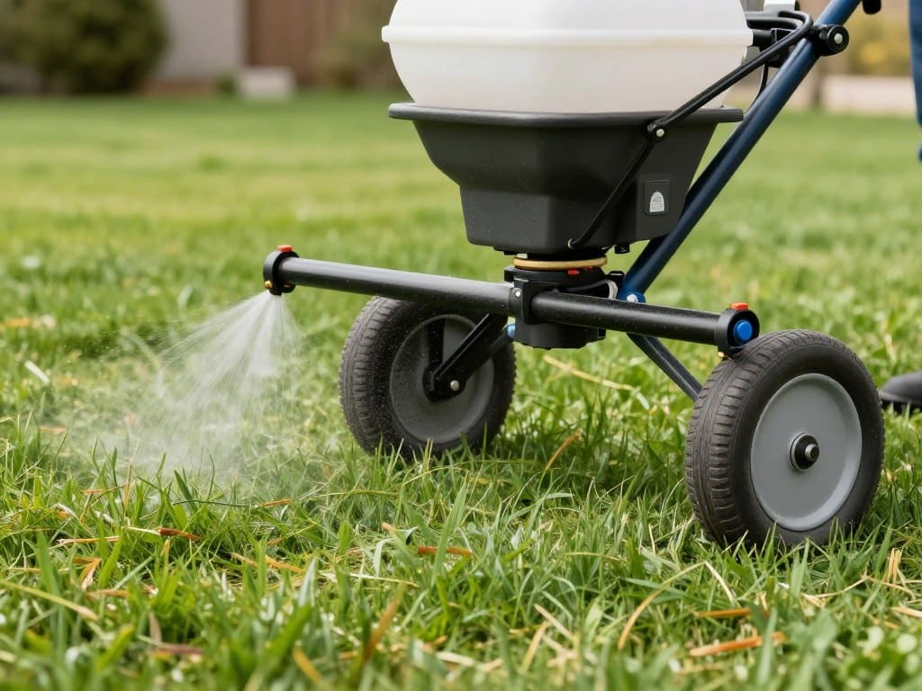 Spring lawn care treatment application showing fertilizer spreading