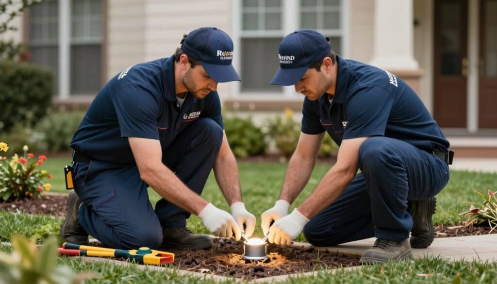 St. Clair Landscaping team installing professional landscape lighting at a Ludlow property