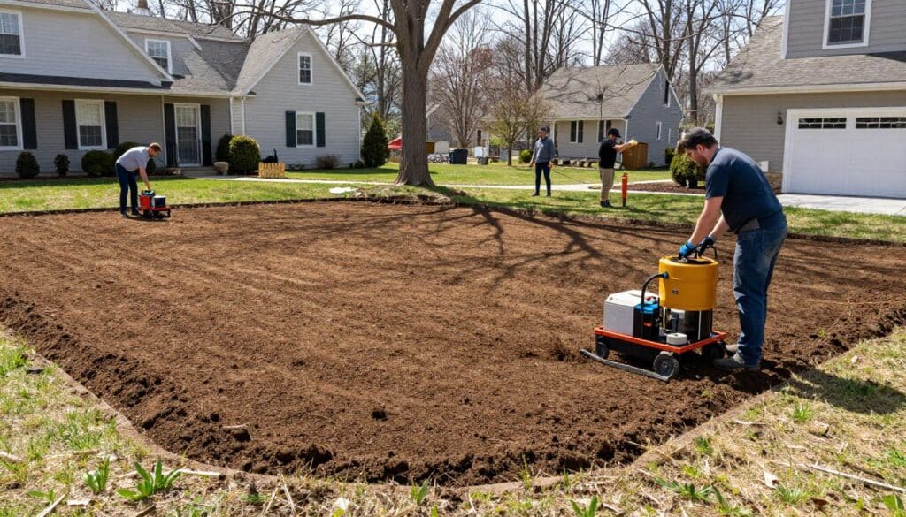 St. Clair Landscaping team preparing site for hydroseeding application in Ludlow Massachusetts