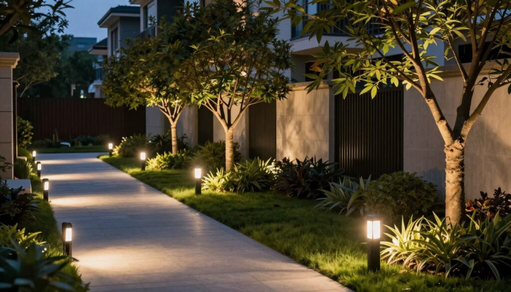 Various landscape lighting fixtures and features installed on a Ludlow property showing path lights, uplights, and accent lighting