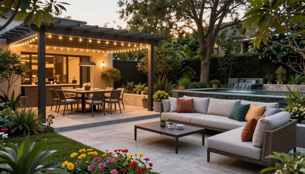 A beautifully designed outdoor living space, featuring a cozy patio with elegant furniture, including a stylish sectional sofa adorned with colorful cushions and a low coffee table. In the foreground, a lush garden with vibrant flowers and greenery creates a serene atmosphere. The middle area showcases a modern outdoor dining set under a stylish pergola, draped with twinkling fairy lights, inviting for evening gatherings. In the background, a gently flowing water feature adds tranquility, surrounded by tall trees that provide a sense of privacy. The scene is illuminated by soft, golden evening light, casting gentle shadows, evoking a warm and inviting mood perfect for relaxation and socializing. Capture this space from a slight high angle to emphasize depth and layout. A beautifully designed outdoor living space, featuring a cozy patio with elegant furniture, including a stylish sectional sofa adorned with colorful cushions and a low coffee table. In the foreground, a lush garden with vibrant flowers and greenery creates a serene atmosphere. The middle area showcases a modern outdoor dining set under a stylish pergola, draped with twinkling fairy lights, inviting for evening gatherings. In the background, a gently flowing water feature adds tranquility, surrounded by tall trees that provide a sense of privacy. The scene is illuminated by soft, golden evening light, casting gentle shadows, evoking a warm and inviting mood perfect for relaxation and socializing. Capture this space from a slight high angle to emphasize depth and layout.