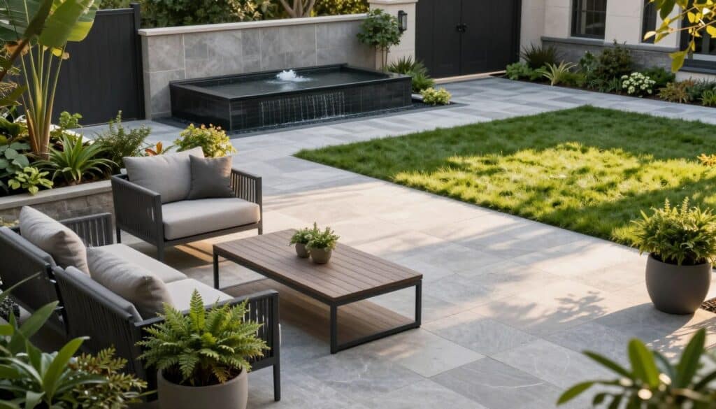 A beautifully designed outdoor space showcasing the benefits of hardscaping for property value. In the foreground, a sleek, modern stone patio with stylish furniture offers a welcoming area for relaxation. Lush potted plants add greenery without extensive maintenance. The middle ground features well-structured pathways made of paving stones, guiding viewers through the landscape, with a decorative water feature that enhances the aesthetic appeal. In the background, a well-maintained lawn contrasts with the hardscape elements, illustrating the balance between hardscaping and landscaping. The lighting is soft, suggesting late afternoon sun, casting gentle shadows and creating a warm, inviting atmosphere. The composition is shot from a slightly elevated angle to capture the layout and depth of the space, emphasizing its functionality and beauty while maintaining a professional look. A beautifully designed outdoor space showcasing the benefits of hardscaping for property value. In the foreground, a sleek, modern stone patio with stylish furniture offers a welcoming area for relaxation. Lush potted plants add greenery without extensive maintenance. The middle ground features well-structured pathways made of paving stones, guiding viewers through the landscape, with a decorative water feature that enhances the aesthetic appeal. In the background, a well-maintained lawn contrasts with the hardscape elements, illustrating the balance between hardscaping and landscaping. The lighting is soft, suggesting late afternoon sun, casting gentle shadows and creating a warm, inviting atmosphere. The composition is shot from a slightly elevated angle to capture the layout and depth of the space, emphasizing its functionality and beauty while maintaining a professional look.
