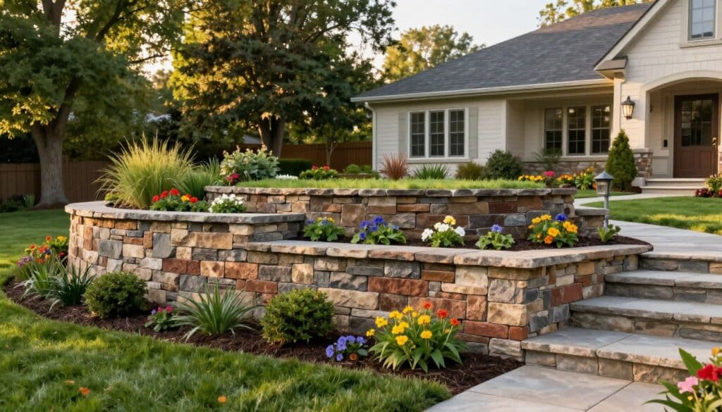 A beautifully designed retaining wall in a residential yard, showcasing various materials such as stone, brick, and timber, elegantly blending with lush green landscaping. In the foreground, colorful flowers and shrubs accentuate the wall’s base, while inviting pathways lead the viewer's eye through the garden. The middle ground features the retaining wall curving gracefully around a small flowerbed, creating distinct levels in the terrain. In the background, a charming house with tasteful exterior complements the wall's style, surrounded by tall trees. The lighting is warm and natural, suggesting a golden hour glow, with soft shadows providing depth. The atmosphere is serene and inviting, embodying the charm and curb appeal of a well-designed outdoor space. A beautifully designed retaining wall in a residential yard, showcasing various materials such as stone, brick, and timber, elegantly blending with lush green landscaping. In the foreground, colorful flowers and shrubs accentuate the wall’s base, while inviting pathways lead the viewer's eye through the garden. The middle ground features the retaining wall curving gracefully around a small flowerbed, creating distinct levels in the terrain. In the background, a charming house with tasteful exterior complements the wall's style, surrounded by tall trees. The lighting is warm and natural, suggesting a golden hour glow, with soft shadows providing depth. The atmosphere is serene and inviting, embodying the charm and curb appeal of a well-designed outdoor space.
