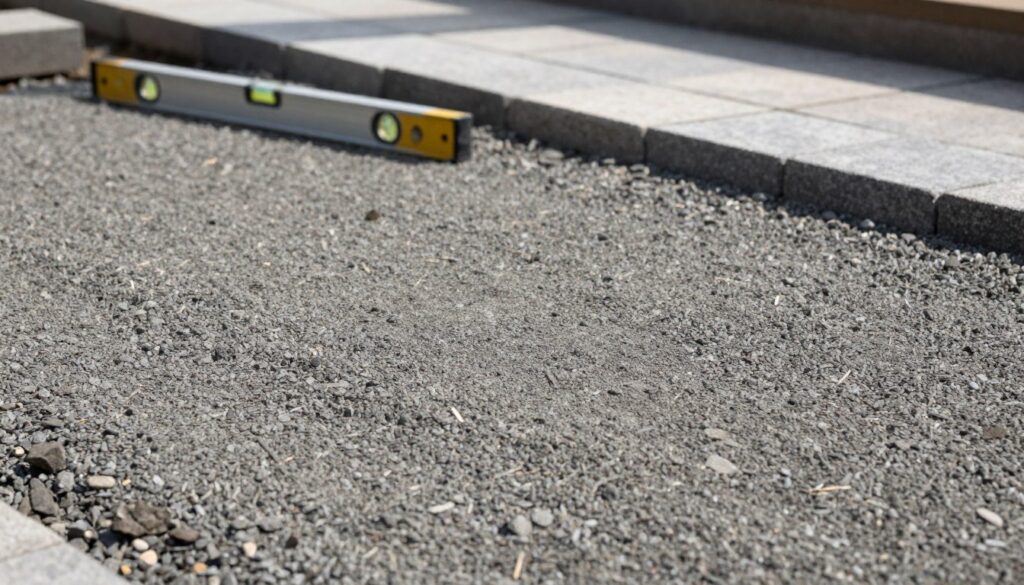 A close-up view of a compacted gravel base specifically prepared for pavers, showcasing the texture and details of the gravel particles. The foreground highlights the smooth, well-compacted surface, with small rocks and pebbles clearly visible. In the middle ground, a measuring tool, like a level, rests on the gravel, emphasizing precision and preparation for paver installation. The background features a partially completed paver walkway with neatly aligned stones, under soft, natural sunlight that casts gentle shadows, creating an inviting and constructive atmosphere. The angle is slightly elevated, capturing depth and perspective, while maintaining a focus on the gravel base's importance in the overall project. A close-up view of a compacted gravel base specifically prepared for pavers, showcasing the texture and details of the gravel particles. The foreground highlights the smooth, well-compacted surface, with small rocks and pebbles clearly visible. In the middle ground, a measuring tool, like a level, rests on the gravel, emphasizing precision and preparation for paver installation. The background features a partially completed paver walkway with neatly aligned stones, under soft, natural sunlight that casts gentle shadows, creating an inviting and constructive atmosphere. The angle is slightly elevated, capturing depth and perspective, while maintaining a focus on the gravel base's importance in the overall project.