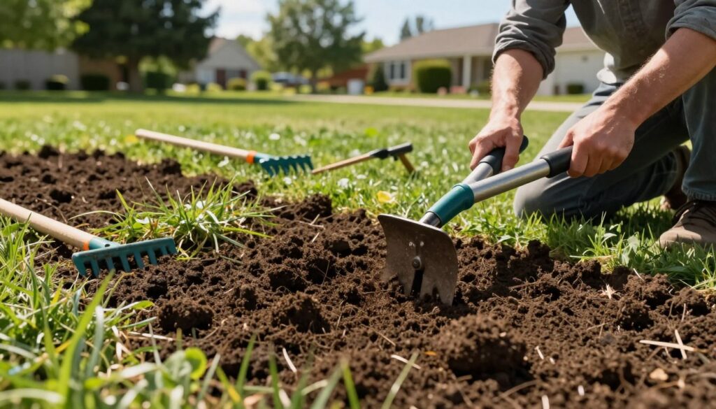 A close-up view of soil preparation for lawn renovation, showcasing rich, dark, crumbly earth being aerated with a hand tiller in the foreground. A gardener in modest casual clothing is kneeling, actively working the soil, surrounded by gardening tools like a rake and a spade. In the middle ground, freshly turned soil is visible, with clumps of grass and weeds being cleared away, revealing a healthy base for grass growth. The background features a suburban lawn with vibrant green grass, trees lining the perimeter, and a clear blue sky overhead, evoking a sense of tranquility and determination. Soft, natural lighting casts gentle shadows, creating a warm and inviting atmosphere. The image captures the essence of careful preparation, emphasizing the importance of nurturing the earth for a thriving lawn. A close-up view of soil preparation for lawn renovation, showcasing rich, dark, crumbly earth being aerated with a hand tiller in the foreground. A gardener in modest casual clothing is kneeling, actively working the soil, surrounded by gardening tools like a rake and a spade. In the middle ground, freshly turned soil is visible, with clumps of grass and weeds being cleared away, revealing a healthy base for grass growth. The background features a suburban lawn with vibrant green grass, trees lining the perimeter, and a clear blue sky overhead, evoking a sense of tranquility and determination. Soft, natural lighting casts gentle shadows, creating a warm and inviting atmosphere. The image captures the essence of careful preparation, emphasizing the importance of nurturing the earth for a thriving lawn.