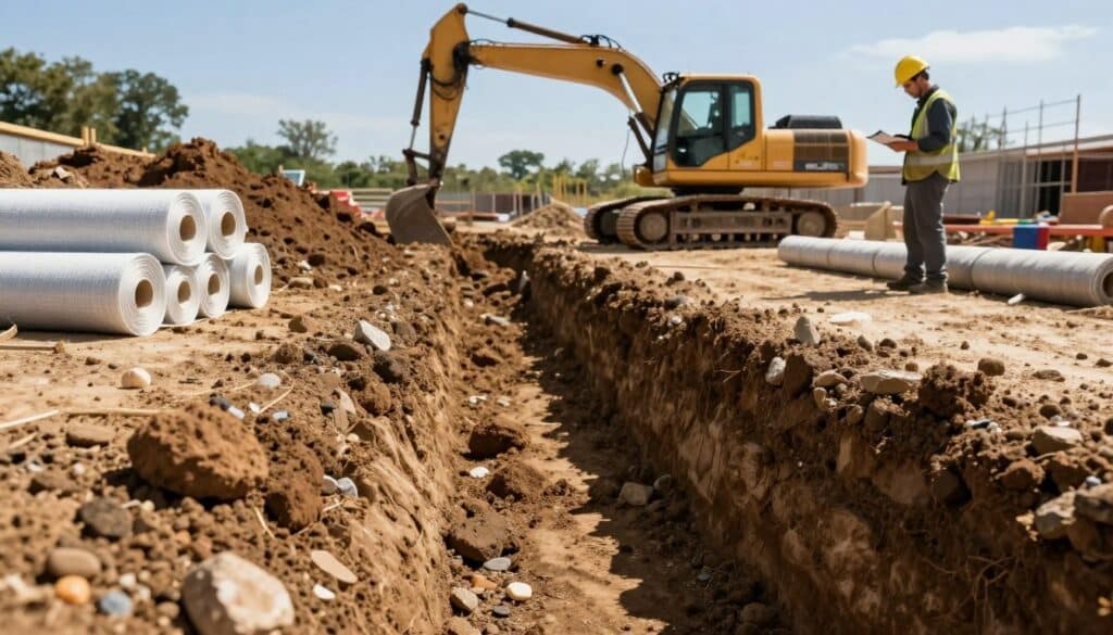 A construction site showcasing soil excavation for a paver walkway project. In the foreground, a freshly dug trench reveals rich, layered soil with visible clumps and pebbles. To the side, rolls of geotextile fabric are neatly positioned, ready for installation. In the middle ground, an excavator is actively digging, its arm extending towards the earth, while a hardhat-clad worker in professional attire inspects the soil conditions, clipboard in hand. The background features a clear blue sky and some trees, with sunlight casting soft shadows on the scene. The mood conveys a sense of diligence and attention to detail, hinting at the importance of proper base preparation in construction. A construction site showcasing soil excavation for a paver walkway project. In the foreground, a freshly dug trench reveals rich, layered soil with visible clumps and pebbles. To the side, rolls of geotextile fabric are neatly positioned, ready for installation. In the middle ground, an excavator is actively digging, its arm extending towards the earth, while a hardhat-clad worker in professional attire inspects the soil conditions, clipboard in hand. The background features a clear blue sky and some trees, with sunlight casting soft shadows on the scene. The mood conveys a sense of diligence and attention to detail, hinting at the importance of proper base preparation in construction.