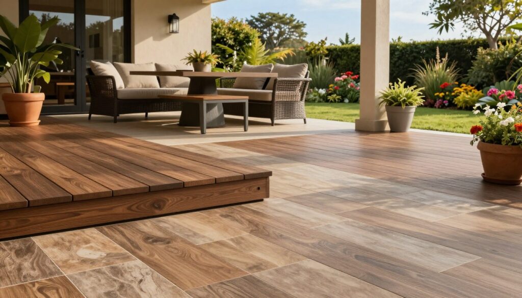 A contemporary outdoor living space featuring a beautifully designed patio and decking area. In the foreground, showcase a variety of durable materials like composite decking boards in rich brown hues and weather-resistant tiles in earthy tones. The middle ground highlights stylish outdoor furniture, such as a modern dining set with plush cushions, and potted plants providing a lush feel. The background features a landscaped garden with vibrant flowers and shrubs, under a clear blue sky. Soft, warm natural lighting enhances the scene, creating an inviting atmosphere. The angle should be slightly elevated to capture the depth of the space, ensuring a cohesive view of the flooring and surrounding elements. A contemporary outdoor living space featuring a beautifully designed patio and decking area. In the foreground, showcase a variety of durable materials like composite decking boards in rich brown hues and weather-resistant tiles in earthy tones. The middle ground highlights stylish outdoor furniture, such as a modern dining set with plush cushions, and potted plants providing a lush feel. The background features a landscaped garden with vibrant flowers and shrubs, under a clear blue sky. Soft, warm natural lighting enhances the scene, creating an inviting atmosphere. The angle should be slightly elevated to capture the depth of the space, ensuring a cohesive view of the flooring and surrounding elements.