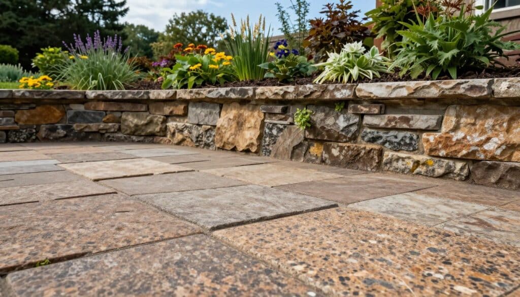 A detailed composition showcasing weather-resistant hardscape materials suited for Massachusetts climates. In the foreground, focus on textured granite pavers, rich in earthy tones, arranged in an elegant patio layout. In the middle ground, incorporate sturdy retaining walls made of weathered stone, demonstrating durability against the elements, with patches of resilient greenery peeking through. The background features a serene garden with a variety of native Massachusetts flora, thriving alongside the hardscaping. Use soft, natural lighting to evoke a warm, inviting atmosphere, capturing the essence of an outdoor living space. Shoot from a low angle to emphasize the materials and create depth, while ensuring a clear blue sky adds a vibrant contrast to the scene, highlighting the effectiveness of hardscaping in a variable climate. A detailed composition showcasing weather-resistant hardscape materials suited for Massachusetts climates. In the foreground, focus on textured granite pavers, rich in earthy tones, arranged in an elegant patio layout. In the middle ground, incorporate sturdy retaining walls made of weathered stone, demonstrating durability against the elements, with patches of resilient greenery peeking through. The background features a serene garden with a variety of native Massachusetts flora, thriving alongside the hardscaping. Use soft, natural lighting to evoke a warm, inviting atmosphere, capturing the essence of an outdoor living space. Shoot from a low angle to emphasize the materials and create depth, while ensuring a clear blue sky adds a vibrant contrast to the scene, highlighting the effectiveness of hardscaping in a variable climate.