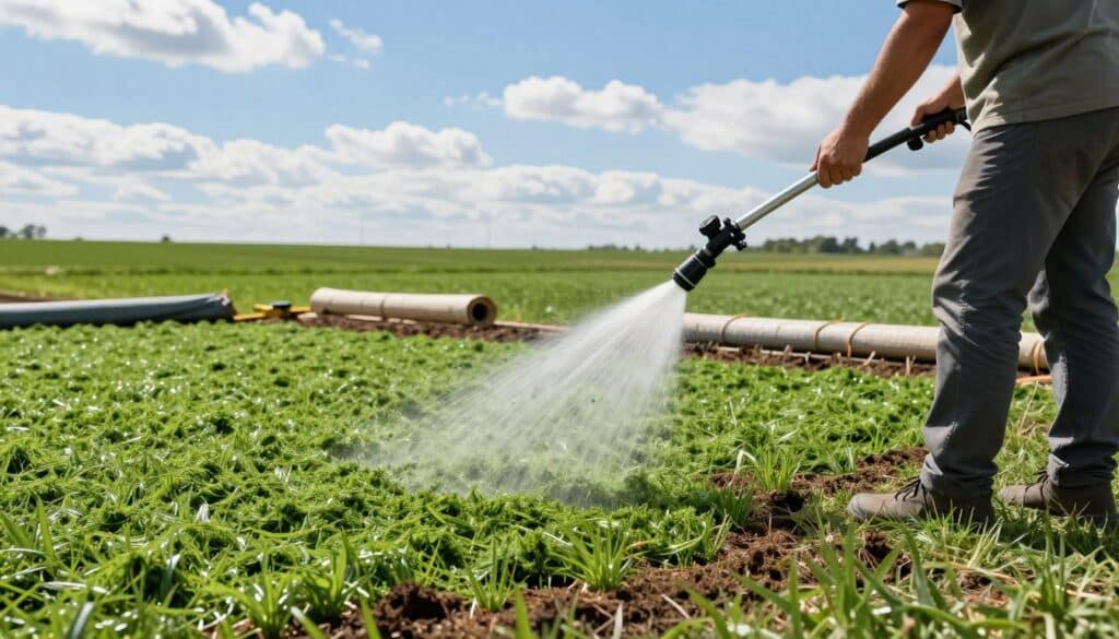 A detailed depiction of the hydroseeding process application in a lush green landscape. In the foreground, a professional wearing modest casual clothing operates a hydroseeder, with a spray nozzle releasing a vibrant green slurry of seed, fertilizer, and mulch. In the middle ground, a freshly treated area reveals newly applied seeds beginning to settle into the soil, surrounded by rolled-out protective mats and tools for the job. The background features a sunny blue sky with a few fluffy clouds, enhancing the feeling of a beautiful day for landscaping. The scene is well-lit, with natural sunlight highlighting the textures of the slurry and the surrounding environment. The overall mood is productive and optimistic, capturing the essence of innovative landscaping techniques. A detailed depiction of the hydroseeding process application in a lush green landscape. In the foreground, a professional wearing modest casual clothing operates a hydroseeder, with a spray nozzle releasing a vibrant green slurry of seed, fertilizer, and mulch. In the middle ground, a freshly treated area reveals newly applied seeds beginning to settle into the soil, surrounded by rolled-out protective mats and tools for the job. The background features a sunny blue sky with a few fluffy clouds, enhancing the feeling of a beautiful day for landscaping. The scene is well-lit, with natural sunlight highlighting the textures of the slurry and the surrounding environment. The overall mood is productive and optimistic, capturing the essence of innovative landscaping techniques.