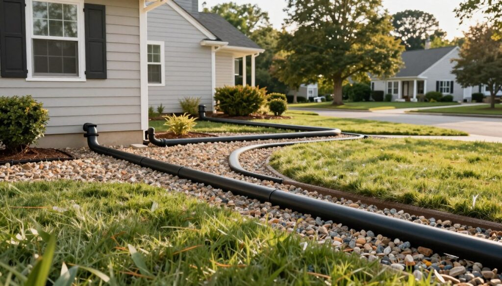 A detailed exterior view of foundation drainage systems in a suburban home setting in Wilbraham, Massachusetts. In the foreground, depict a well-maintained yard featuring drainage pipes and gravel trenches creatively arranged along the foundation. The middle ground should include a clean, modern house with visible water diverters and downspouts efficiently channeling rainwater away from the foundation. In the background, mature trees and a peaceful neighborhood ambiance should enhance the scene, with soft, warm sunlight casting gentle shadows. Captured from a low angle to emphasize the drainage solutions, the image conveys a sense of reliability, cleanliness, and professionalism, showcasing best practices in exterior foundation drainage without any human figures or text elements. A detailed exterior view of foundation drainage systems in a suburban home setting in Wilbraham, Massachusetts. In the foreground, depict a well-maintained yard featuring drainage pipes and gravel trenches creatively arranged along the foundation. The middle ground should include a clean, modern house with visible water diverters and downspouts efficiently channeling rainwater away from the foundation. In the background, mature trees and a peaceful neighborhood ambiance should enhance the scene, with soft, warm sunlight casting gentle shadows. Captured from a low angle to emphasize the drainage solutions, the image conveys a sense of reliability, cleanliness, and professionalism, showcasing best practices in exterior foundation drainage without any human figures or text elements.
