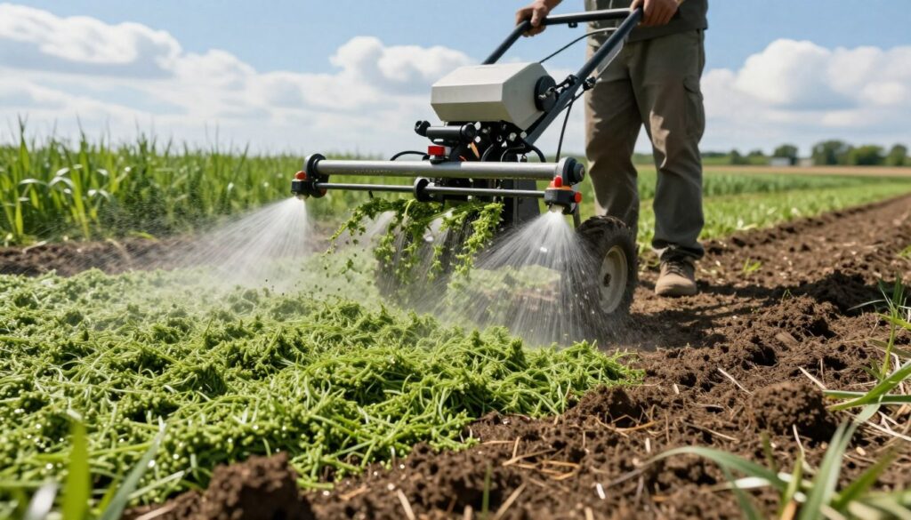 A detailed hydroseeding slurry application in action, showcasing a professional clad in modest casual attire, operating a hydroseeder machine in a lush green landscape. In the foreground, vibrant green slurry is being sprayed onto freshly prepared soil, with visible seed mixture particles and a light mist arising from the machine. In the middle ground, the hydroseeder is actively applying the slurry, with grass patches emerging in the background. The setting is bathed in bright, natural sunlight, casting soft shadows that enhance the textures of the soil and slurry. A clear blue sky with a few fluffy white clouds completes the scenery, evoking a sense of vitality and growth in the process of hydroseeding. The image captures a sense of innovation and environmental care. A detailed hydroseeding slurry application in action, showcasing a professional clad in modest casual attire, operating a hydroseeder machine in a lush green landscape. In the foreground, vibrant green slurry is being sprayed onto freshly prepared soil, with visible seed mixture particles and a light mist arising from the machine. In the middle ground, the hydroseeder is actively applying the slurry, with grass patches emerging in the background. The setting is bathed in bright, natural sunlight, casting soft shadows that enhance the textures of the soil and slurry. A clear blue sky with a few fluffy white clouds completes the scenery, evoking a sense of vitality and growth in the process of hydroseeding. The image captures a sense of innovation and environmental care.