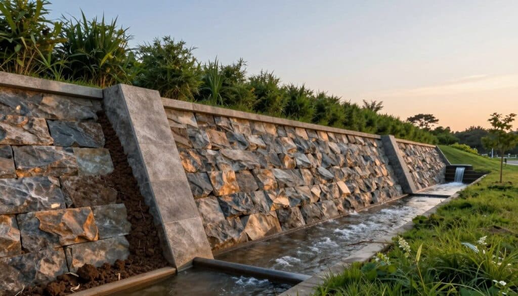 A detailed illustration of a retaining wall in action, showcasing its role in managing soil pressure and water control. In the foreground, highlight the sturdy structure of a stone retaining wall, with visible soil layers leaning against it, demonstrating the wall’s support. The middle ground features water runoff flowing gently towards a drainage system integrated at the base of the wall, with lush greenery surrounding it, emphasizing effective drainage. In the background, depict a gradient sky transitioning from blue to a soft orange, suggesting a late afternoon glow. Use soft, natural lighting to cast gentle shadows, giving depth to the scene. The atmosphere conveys a sense of harmony between landscape architecture and nature, illustrating both function and aesthetic appeal. A detailed illustration of a retaining wall in action, showcasing its role in managing soil pressure and water control. In the foreground, highlight the sturdy structure of a stone retaining wall, with visible soil layers leaning against it, demonstrating the wall’s support. The middle ground features water runoff flowing gently towards a drainage system integrated at the base of the wall, with lush greenery surrounding it, emphasizing effective drainage. In the background, depict a gradient sky transitioning from blue to a soft orange, suggesting a late afternoon glow. Use soft, natural lighting to cast gentle shadows, giving depth to the scene. The atmosphere conveys a sense of harmony between landscape architecture and nature, illustrating both function and aesthetic appeal.