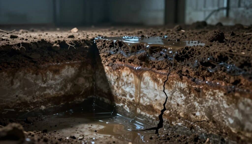 A detailed illustration of hydrostatic pressure affecting basement walls. In the foreground, show a cross-section of a basement wall with visible water seepage at the base, illustrating cracks and dampness. In the middle ground, depict soil layers saturated with water, highlighting the pressure from above against the basement structure. The background should feature a dimly lit environment with soft, cool lighting, emphasizing the damp and moody atmosphere commonly found in basements. Use a wide-angle lens perspective to enhance the depth of the scene. Capture the interplay of light and shadow to accentuate the features of the walls and the surrounding soil. The image should invoke a sense of urgency and seriousness about water intrusion in basements. A detailed illustration of hydrostatic pressure affecting basement walls. In the foreground, show a cross-section of a basement wall with visible water seepage at the base, illustrating cracks and dampness. In the middle ground, depict soil layers saturated with water, highlighting the pressure from above against the basement structure. The background should feature a dimly lit environment with soft, cool lighting, emphasizing the damp and moody atmosphere commonly found in basements. Use a wide-angle lens perspective to enhance the depth of the scene. Capture the interplay of light and shadow to accentuate the features of the walls and the surrounding soil. The image should invoke a sense of urgency and seriousness about water intrusion in basements.