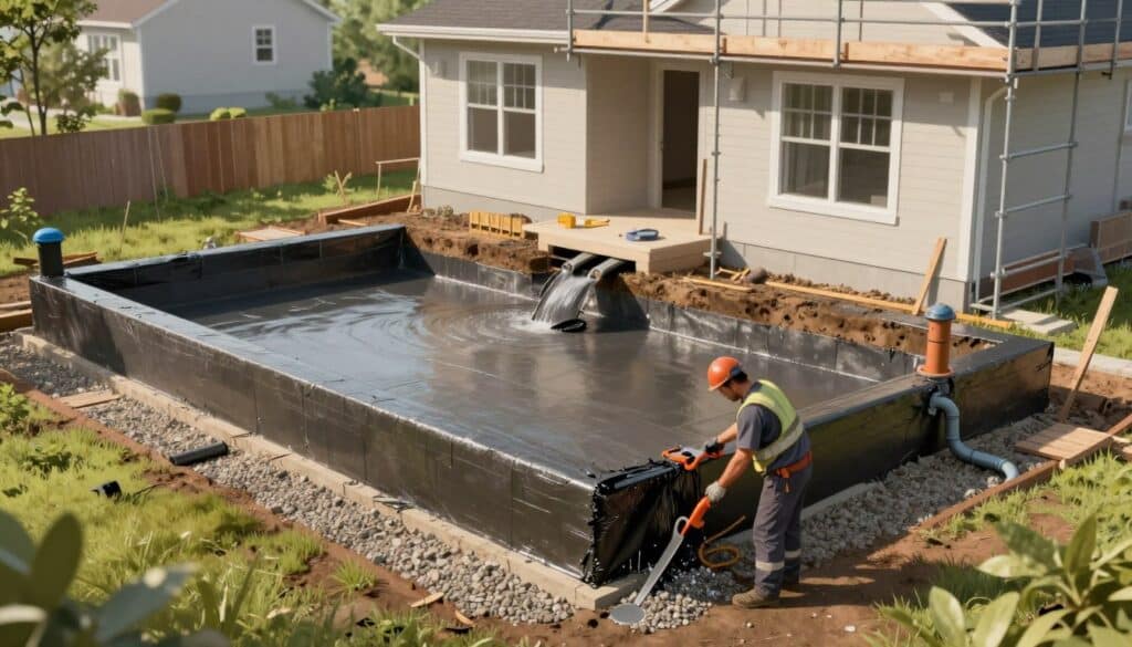 A detailed illustration of various exterior basement waterproofing methods, showcasing a residential building with a focus on the foundation. In the foreground, include a worker in professional attire applying waterproofing membrane along the foundation wall, using specialized tools. The middle ground features trenches with gravel, showcasing drainage systems and downspouts directing water away from the house. The background displays the exterior of a suburban home partially covered in scaffolding, emphasizing construction work. Use soft, natural lighting to create an inviting yet industrious atmosphere, with a slightly elevated angle to capture the entire scene effectively. The image should evoke a sense of professionalism, expertise, and the importance of efficient waterproofing techniques in home maintenance. A detailed illustration of various exterior basement waterproofing methods, showcasing a residential building with a focus on the foundation. In the foreground, include a worker in professional attire applying waterproofing membrane along the foundation wall, using specialized tools. The middle ground features trenches with gravel, showcasing drainage systems and downspouts directing water away from the house. The background displays the exterior of a suburban home partially covered in scaffolding, emphasizing construction work. Use soft, natural lighting to create an inviting yet industrious atmosphere, with a slightly elevated angle to capture the entire scene effectively. The image should evoke a sense of professionalism, expertise, and the importance of efficient waterproofing techniques in home maintenance.