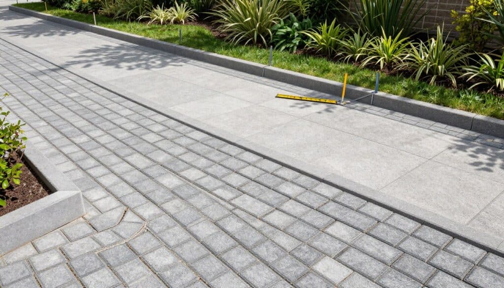 A detailed overhead view of a paver walkway layout, showcasing various patterns and slopes for effective drainage. In the foreground, intricately arranged pavers form a winding path with visible mortar joints, highlighting the design intricacies. The middle ground features measuring tools and stakes placed along the edges to indicate optimal width and slope, demonstrating precise planning. The background presents a neatly landscaped garden with lush greenery, enhancing the walkway's aesthetic appeal. Bright daylight casts soft shadows, creating a visually pleasing ambiance. The angle is slightly elevated to capture both the walkway's design and surrounding landscape, inviting a sense of exploration and practicality. A detailed overhead view of a paver walkway layout, showcasing various patterns and slopes for effective drainage. In the foreground, intricately arranged pavers form a winding path with visible mortar joints, highlighting the design intricacies. The middle ground features measuring tools and stakes placed along the edges to indicate optimal width and slope, demonstrating precise planning. The background presents a neatly landscaped garden with lush greenery, enhancing the walkway's aesthetic appeal. Bright daylight casts soft shadows, creating a visually pleasing ambiance. The angle is slightly elevated to capture both the walkway's design and surrounding landscape, inviting a sense of exploration and practicality.
