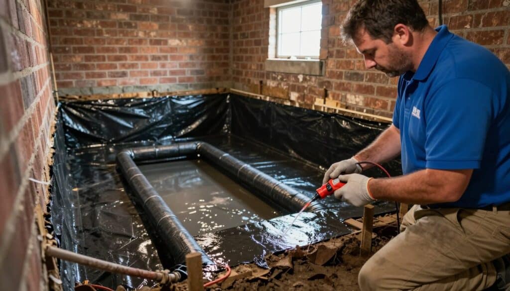 A detailed scene depicting a basement waterproofing project in Wilbraham, MA. In the foreground, a professional contractor in a blue polo shirt and khakis examines a damp basement wall, using water testing equipment. The middle ground shows a partially excavated foundation where a new waterproofing system is being installed, featuring drainage pipes and a black waterproof membrane. In the background, brick foundation walls are visible, with natural light filtering in through a small window, casting soft shadows that create an atmosphere of productivity and professionalism. Capture this scene from a slight angle, highlighting the depth of the basement and emphasizing the meticulous work involved in effective waterproofing solutions. A detailed scene depicting a basement waterproofing project in Wilbraham, MA. In the foreground, a professional contractor in a blue polo shirt and khakis examines a damp basement wall, using water testing equipment. The middle ground shows a partially excavated foundation where a new waterproofing system is being installed, featuring drainage pipes and a black waterproof membrane. In the background, brick foundation walls are visible, with natural light filtering in through a small window, casting soft shadows that create an atmosphere of productivity and professionalism. Capture this scene from a slight angle, highlighting the depth of the basement and emphasizing the meticulous work involved in effective waterproofing solutions.