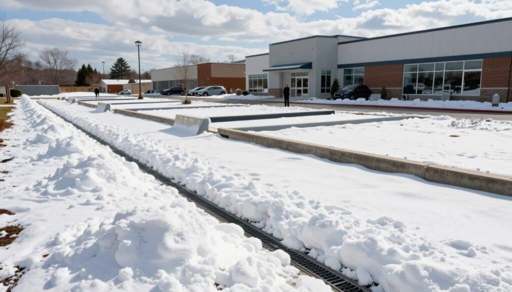 A detailed scene illustrating snow storage and drainage management in Wilbraham. In the foreground, well-defined piles of snow are neatly organized alongside a modern drainage system with visible grates and pipes. In the middle ground, an expertly planned landscape features snow barriers and channels directing meltwater away from structures, while a maintained commercial property sits in the background, complete with a professional business worker in modest clothing inspecting the area. Bright, natural daylight illuminates the scene, casting soft shadows across the snow, with a slight blue sky peeking through scattered clouds. The overall atmosphere conveys efficiency and professionalism, emphasizing effective snow management and spring property protection. A detailed scene illustrating snow storage and drainage management in Wilbraham. In the foreground, well-defined piles of snow are neatly organized alongside a modern drainage system with visible grates and pipes. In the middle ground, an expertly planned landscape features snow barriers and channels directing meltwater away from structures, while a maintained commercial property sits in the background, complete with a professional business worker in modest clothing inspecting the area. Bright, natural daylight illuminates the scene, casting soft shadows across the snow, with a slight blue sky peeking through scattered clouds. The overall atmosphere conveys efficiency and professionalism, emphasizing effective snow management and spring property protection.