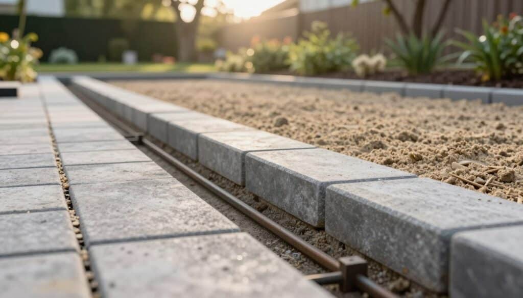 A detailed view of a paver walkway installation site, focusing on paver drainage systems and edge restraints. In the foreground, show neatly arranged pavers with a visible drainage channel and edge restraints securing the sides. In the middle ground, include layers of bedding sand being spread evenly for paver support. The background features a garden landscape with greenery and soft, natural light filtering through tree branches, creating a warm, inviting atmosphere. The camera angle is slightly elevated to capture the entire scene while highlighting the intricate details of the drainage and edge installations. The overall mood should convey professionalism and meticulous craftsmanship in outdoor design. A detailed view of a paver walkway installation site, focusing on paver drainage systems and edge restraints. In the foreground, show neatly arranged pavers with a visible drainage channel and edge restraints securing the sides. In the middle ground, include layers of bedding sand being spread evenly for paver support. The background features a garden landscape with greenery and soft, natural light filtering through tree branches, creating a warm, inviting atmosphere. The camera angle is slightly elevated to capture the entire scene while highlighting the intricate details of the drainage and edge installations. The overall mood should convey professionalism and meticulous craftsmanship in outdoor design.