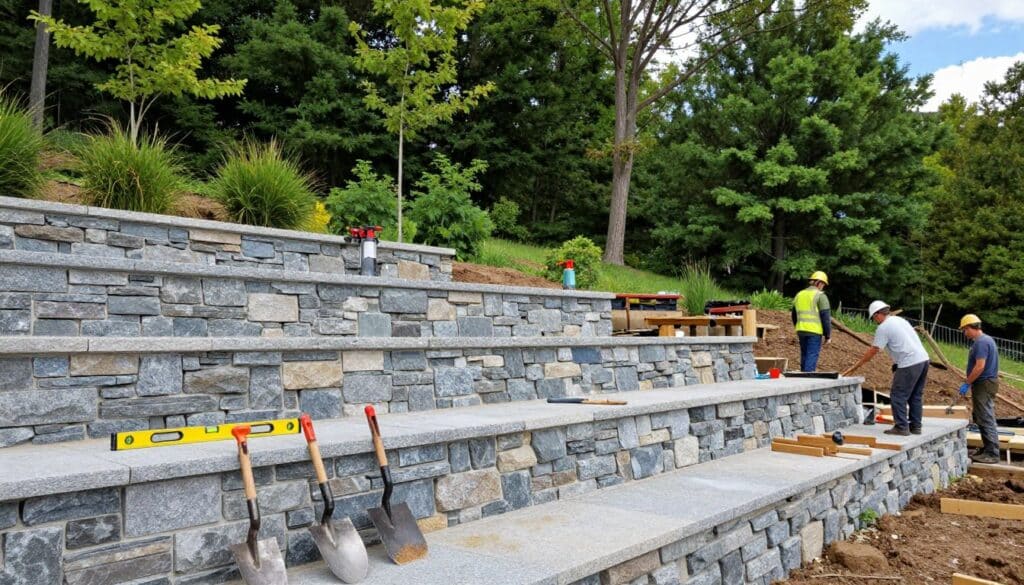 A detailed view of a retaining wall installation in Wilbraham, MA, showcasing a skilled crew of workers in professional attire, engaged in site preparation. In the foreground, various tools like shovels and a level are arranged neatly. The middle ground features a partially constructed stone retaining wall made of local granite, demonstrating different layers and textures. In the background, lush green vegetation typical of a New England landscape, with deciduous trees and shrubs, creates a serene atmosphere. The scene is bathed in soft natural lighting, reflecting a clear blue sky. The camera angle is slightly elevated, providing a comprehensive view of the project, emphasizing the hard work and considerations involved in the installation process. The mood is industrious yet harmonious with nature. A detailed view of a retaining wall installation in Wilbraham, MA, showcasing a skilled crew of workers in professional attire, engaged in site preparation. In the foreground, various tools like shovels and a level are arranged neatly. The middle ground features a partially constructed stone retaining wall made of local granite, demonstrating different layers and textures. In the background, lush green vegetation typical of a New England landscape, with deciduous trees and shrubs, creates a serene atmosphere. The scene is bathed in soft natural lighting, reflecting a clear blue sky. The camera angle is slightly elevated, providing a comprehensive view of the project, emphasizing the hard work and considerations involved in the installation process. The mood is industrious yet harmonious with nature.