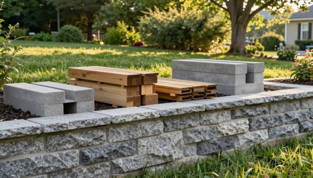 A landscape featuring various retaining wall materials suitable for Wilbraham, MA's climate. In the foreground, showcase a textured stone retaining wall made of durable granite blocks, displaying intricate details and a natural finish. In the middle ground, include a selection of wooden and concrete block materials stacked neatly, emphasizing their sturdiness. The background should feature a lush, green backyard under soft, warm afternoon sunlight, with trees gently swaying. The scene should evoke a sense of tranquility and harmony with nature, showcasing how these materials complement the surrounding environment. Use a slightly elevated angle to capture the depth and variety of materials effectively. No human subjects are present. A landscape featuring various retaining wall materials suitable for Wilbraham, MA's climate. In the foreground, showcase a textured stone retaining wall made of durable granite blocks, displaying intricate details and a natural finish. In the middle ground, include a selection of wooden and concrete block materials stacked neatly, emphasizing their sturdiness. The background should feature a lush, green backyard under soft, warm afternoon sunlight, with trees gently swaying. The scene should evoke a sense of tranquility and harmony with nature, showcasing how these materials complement the surrounding environment. Use a slightly elevated angle to capture the depth and variety of materials effectively. No human subjects are present.