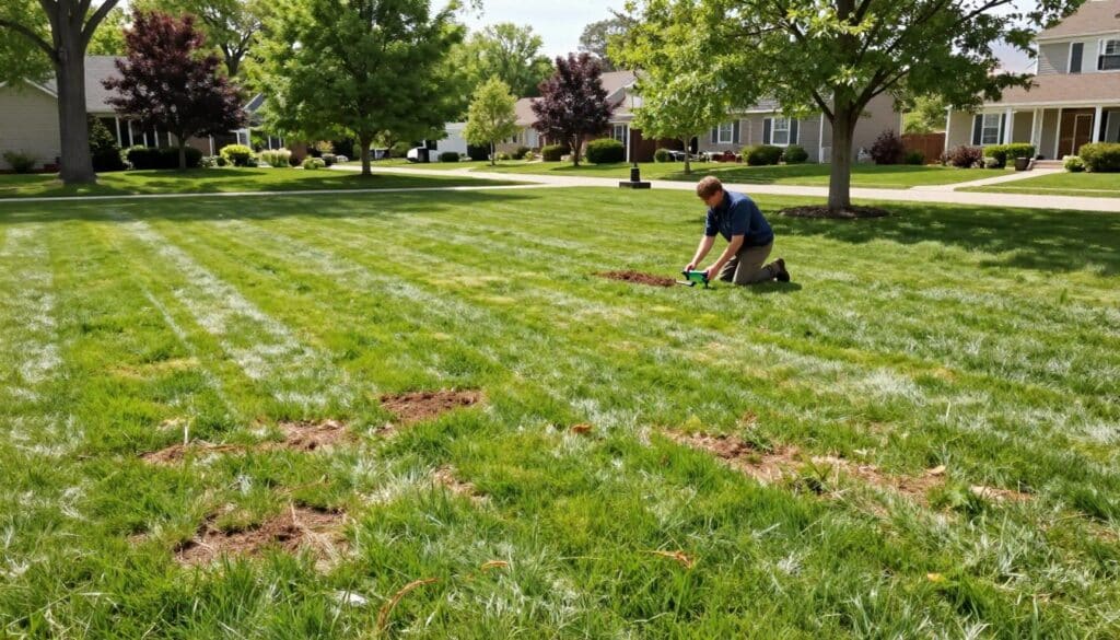 A lush Wilbraham lawn in need of assessment for renovation, showcasing a patchy and uneven grass texture in the foreground, contrasted with healthy green patches. In the middle ground, a professional landscaper, dressed in casual work attire, kneels on the grass with a turf analysis tool, examining the soil. The background features a suburban neighborhood with a charming mix of trees and well-maintained homes under a bright, sunny sky. Soft, natural lighting highlights the varying shades of green, creating an inviting and hopeful atmosphere. The grass should appear vibrant yet patchy, conveying the need for renovation. The angle is slightly elevated to capture the full scope of the lawn and the assessing landscaper. A lush Wilbraham lawn in need of assessment for renovation, showcasing a patchy and uneven grass texture in the foreground, contrasted with healthy green patches. In the middle ground, a professional landscaper, dressed in casual work attire, kneels on the grass with a turf analysis tool, examining the soil. The background features a suburban neighborhood with a charming mix of trees and well-maintained homes under a bright, sunny sky. Soft, natural lighting highlights the varying shades of green, creating an inviting and hopeful atmosphere. The grass should appear vibrant yet patchy, conveying the need for renovation. The angle is slightly elevated to capture the full scope of the lawn and the assessing landscaper.