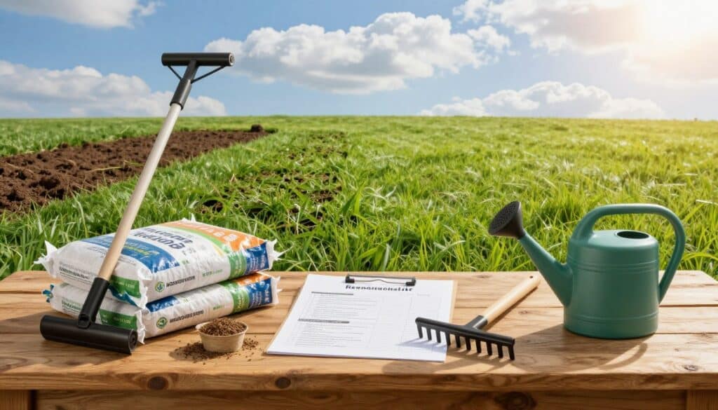 A neatly organized lawn renovation equipment checklist laid out on a rustic wooden table in the foreground, showcasing tools like a lawn aerator, seed spreader, topsoil bags, rake, and a watering can. In the middle ground, a lush green lawn appears in various stages of renovation, with distinct patches showing freshly dug soil and newly laid grass seed. The background features a bright blue sky with fluffy white clouds, creating a vibrant outdoor atmosphere. The lighting is warm and natural, reminiscent of a sunny afternoon, casting gentle shadows that enhance the textures of the tools and grass. The overall mood is inviting and productive, capturing the essence of preparing for a beautiful lawn transformation. A neatly organized lawn renovation equipment checklist laid out on a rustic wooden table in the foreground, showcasing tools like a lawn aerator, seed spreader, topsoil bags, rake, and a watering can. In the middle ground, a lush green lawn appears in various stages of renovation, with distinct patches showing freshly dug soil and newly laid grass seed. The background features a bright blue sky with fluffy white clouds, creating a vibrant outdoor atmosphere. The lighting is warm and natural, reminiscent of a sunny afternoon, casting gentle shadows that enhance the textures of the tools and grass. The overall mood is inviting and productive, capturing the essence of preparing for a beautiful lawn transformation.
