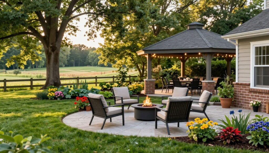 A picturesque backyard design for a home in Wilbraham, MA, showcasing a beautifully landscaped outdoor living space. In the foreground, a welcoming patio area with stylish outdoor furniture arranged around a fire pit, surrounded by lush green grass and vibrant flower beds. The middle section features a modern gazebo with ambient string lights, ideal for gatherings, and a small vegetable garden nestled beside it. The background highlights mature trees and a serene view of the countryside, with soft sunlight filtering through the leaves, casting gentle shadows. The overall atmosphere is inviting and relaxing, perfect for enjoying the outdoors. Capture this scene from a slightly elevated angle to emphasize the layout and thoughtful design of the space. A picturesque backyard design for a home in Wilbraham, MA, showcasing a beautifully landscaped outdoor living space. In the foreground, a welcoming patio area with stylish outdoor furniture arranged around a fire pit, surrounded by lush green grass and vibrant flower beds. The middle section features a modern gazebo with ambient string lights, ideal for gatherings, and a small vegetable garden nestled beside it. The background highlights mature trees and a serene view of the countryside, with soft sunlight filtering through the leaves, casting gentle shadows. The overall atmosphere is inviting and relaxing, perfect for enjoying the outdoors. Capture this scene from a slightly elevated angle to emphasize the layout and thoughtful design of the space.