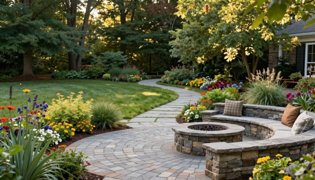 A picturesque outdoor space in Wilbraham, MA featuring various hardscaping ideas, showcasing a well-defined patio with interlocking pavers and a cozy seating area surrounded by vibrant native plants. In the foreground, include a stone fire pit with integrated seating, perfect for evening gatherings. The middle ground displays pathways made of natural stone winding through a green lawn, bordered by colorful flower beds. In the background, a lush tree line adds privacy and depth, with soft dappled sunlight filtering through the leaves, creating a warm and inviting atmosphere. The scene is captured from a slight elevation, providing a comprehensive view of the design, with a focus on harmonious integration between hardscape and landscape. A picturesque outdoor space in Wilbraham, MA featuring various hardscaping ideas, showcasing a well-defined patio with interlocking pavers and a cozy seating area surrounded by vibrant native plants. In the foreground, include a stone fire pit with integrated seating, perfect for evening gatherings. The middle ground displays pathways made of natural stone winding through a green lawn, bordered by colorful flower beds. In the background, a lush tree line adds privacy and depth, with soft dappled sunlight filtering through the leaves, creating a warm and inviting atmosphere. The scene is captured from a slight elevation, providing a comprehensive view of the design, with a focus on harmonious integration between hardscape and landscape.