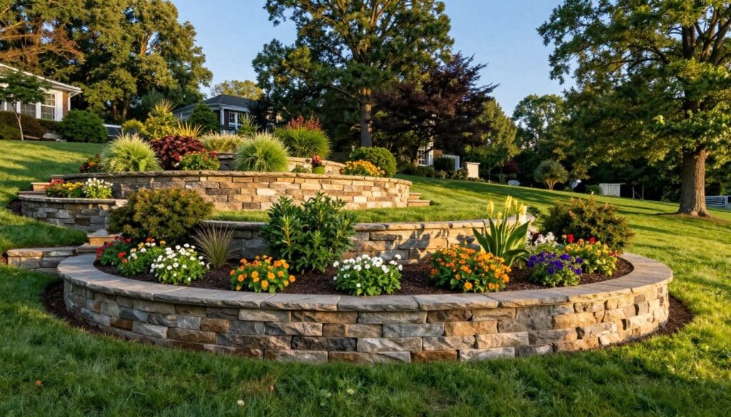 A picturesque residential yard in Wilbraham, MA, showcasing a well-designed retaining wall made of natural stone, seamlessly integrated into the landscape. In the foreground, the textured stone retaining wall curves elegantly around a lush garden filled with vibrant flowers and ornamental shrubs. The middle ground reveals a carefully manicured lawn, leading to the retaining wall’s ascent, demonstrating its functional role in preventing soil erosion. In the background, tall trees provide shade, and a clear blue sky stretches overhead, with soft sunlight creating gentle shadows across the terrain. The mood is serene and inviting, emphasizing the harmony between nature and human design. Captured with a wide-angle lens at golden hour to enhance the warmth and depth of the scene. A picturesque residential yard in Wilbraham, MA, showcasing a well-designed retaining wall made of natural stone, seamlessly integrated into the landscape. In the foreground, the textured stone retaining wall curves elegantly around a lush garden filled with vibrant flowers and ornamental shrubs. The middle ground reveals a carefully manicured lawn, leading to the retaining wall’s ascent, demonstrating its functional role in preventing soil erosion. In the background, tall trees provide shade, and a clear blue sky stretches overhead, with soft sunlight creating gentle shadows across the terrain. The mood is serene and inviting, emphasizing the harmony between nature and human design. Captured with a wide-angle lens at golden hour to enhance the warmth and depth of the scene.