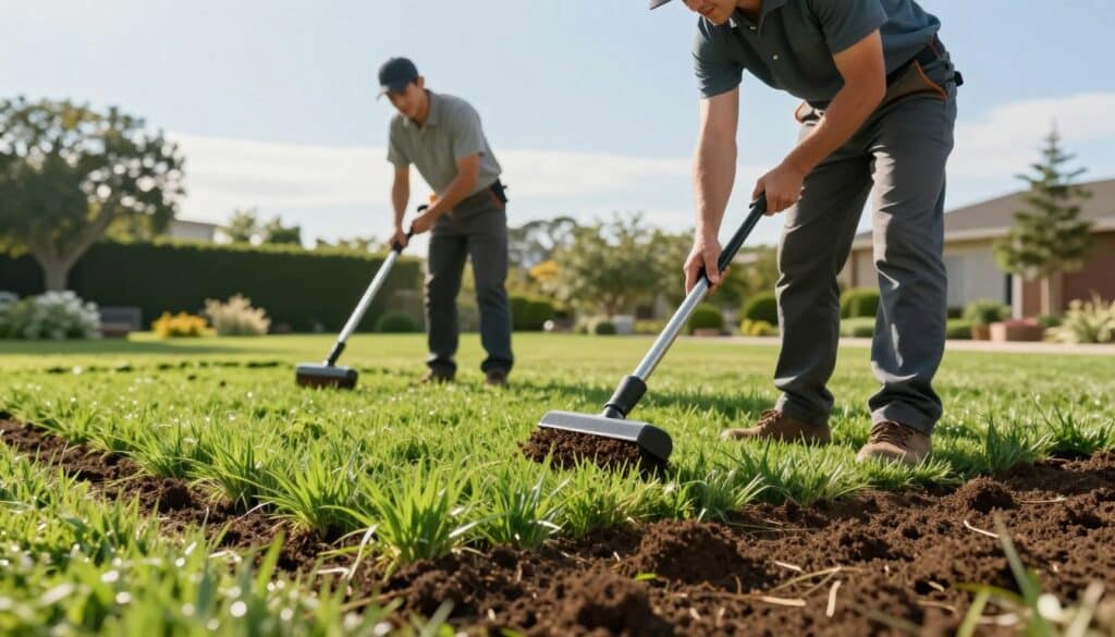 A professional lawn renovation service in action, featuring a team of two skilled workers dressed in smart casual attire, focused on restoring a lush green lawn. In the foreground, one worker is meticulously spreading a layer of topsoil, while the other uses a specialized aerator to break up compacted soil. In the middle ground, freshly sown grass seeds are visible, with vibrant green blades starting to emerge. The background showcases a well-maintained landscape, including trees and shrubs under clear blue skies with soft, warm sunlight illuminating the scene. The mood is professional and optimistic, conveying a sense of care and expertise in lawn renovation. The image should be captured from a low-angle perspective to emphasize the effectiveness of the professionals at work. A professional lawn renovation service in action, featuring a team of two skilled workers dressed in smart casual attire, focused on restoring a lush green lawn. In the foreground, one worker is meticulously spreading a layer of topsoil, while the other uses a specialized aerator to break up compacted soil. In the middle ground, freshly sown grass seeds are visible, with vibrant green blades starting to emerge. The background showcases a well-maintained landscape, including trees and shrubs under clear blue skies with soft, warm sunlight illuminating the scene. The mood is professional and optimistic, conveying a sense of care and expertise in lawn renovation. The image should be captured from a low-angle perspective to emphasize the effectiveness of the professionals at work.
